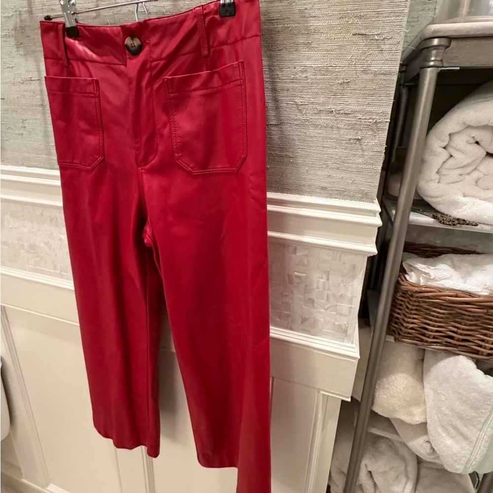 28p 28 petite Anthropologie Maeve Colette wide leg faux leather crop pants red - Picture 5 of 15